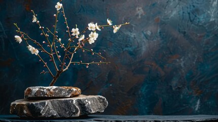 Wall Mural - Elegant flat granite pedestal displaying white flowers against a serene blue background