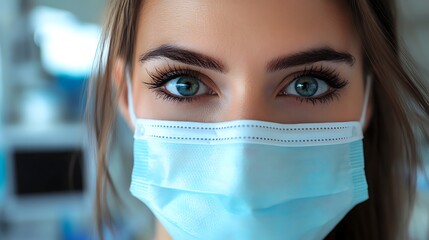 A close-up shot of a female healthcare worker wearing a surgical mask, her eyes showing determination and focus, with medical equipment blurred in the background