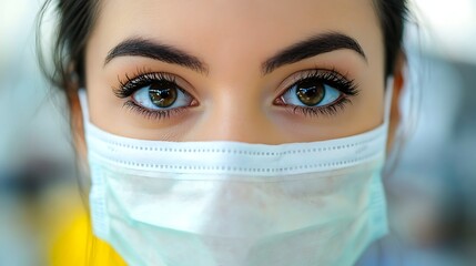 A close-up shot of a female healthcare worker wearing a surgical mask, her eyes showing determination and focus, with medical equipment blurred in the background