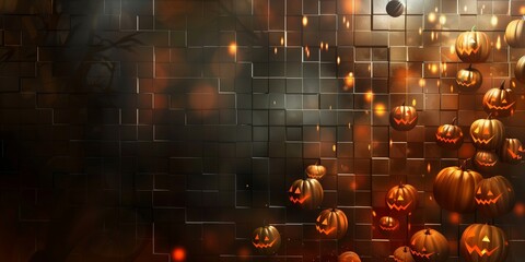 Wall Mural - Abstract background with Halloween pumpkins and dark background with relief squares resembling tiles, minimalistic design.