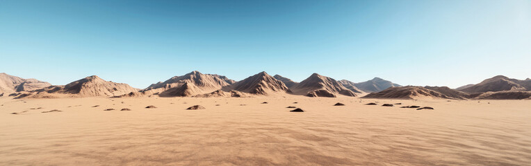 Sticker - Landscape of a vast, arid desert with sand dunes and rugged mountains under a clear blue sky. The scene is characterized by its barrenness and dry, sandy terrain.