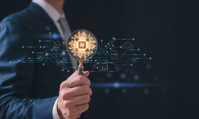artificial intelligence technology concept with ai text in magnifying glass and electronic circuit b