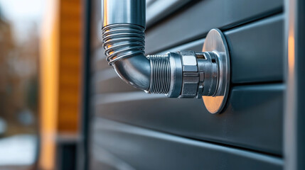 Poster - Close-up view of a metal elbow pipe connection attached to an exterior wall, possibly part of a gas or water pipeline system. The wall features horizontal cladding.