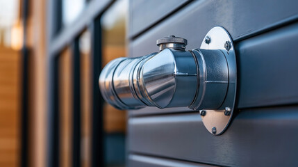 Poster - Close-up of a stainless steel ventilation duct pipe mounted on the exterior of a modern building with a gray metal wall in the background.