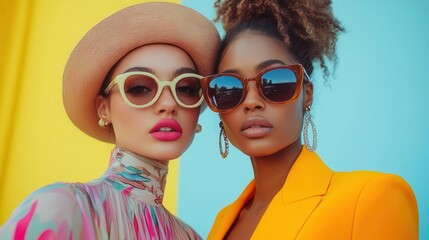 vibrant fashion duo two women in eyecatching colorful outfits standing together bold patterns and textures contrasting styles urban background confident poses fashionforward aesthetic