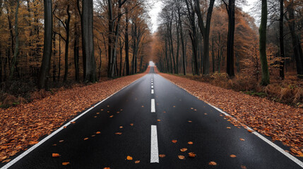 Canvas Print - A deserted road lined with autumn trees and covered in fallen leaves in a forest. The scene captures a serene, overcast day with the road stretching into the distance.