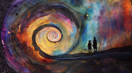 Wall Mural - A large spiral galaxy with the silhouette of two people standing at its edge, in the style of a paper cutout, detailed in watercolor