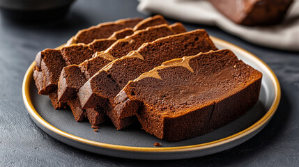 Sticker - A plate with several slices of moist chocolate cake neatly arranged. The chocolate cake has a rich, dark color and appears to be freshly baked, ready for serving.