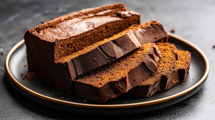 Wall Mural - Freshly sliced chocolate loaf cake on a black plate with a golden rim. The cake appears moist and rich, with a smooth and slightly glossy top.