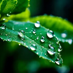 A macro photograph of dew droplets glistening on a vibrant green leaf. The fine details and lush color emphasize the freshness and purity of nature in this calming, serene image.