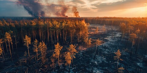 Wall Mural - Aerial view of a charred forest landscape after a fire showing burnt pine trees in the aftermath of an ecological disaster