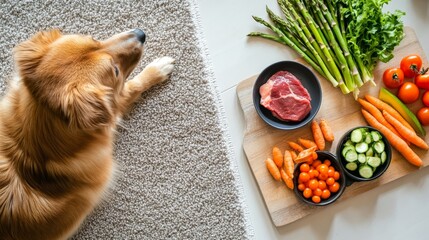 Golden retriever gazing at fresh vegetables and raw meat on kitchen counter