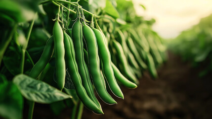 Poster - Close-up photograph of fresh green beans growing on a plant in a lush green garden with a soft focus background, highlighting the vibrant color and healthy condition of the beans.