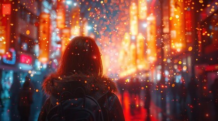 Aufkleber - Woman Looking at City Lights.