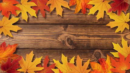 Poster - Flat illustration of autumn leaves and rowan berries on wooden table.