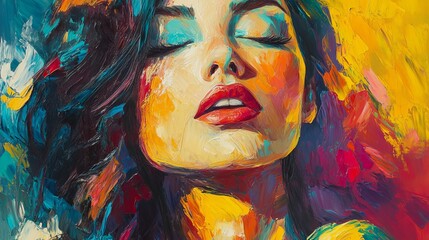 A colorful oil painting portrays a stunning woman. The artist used a palette knife to create abstract strokes, adding depth and texture to the artwork.