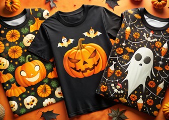 Candy corn, pumpkins, and spiders decorate Halloween t-shirts with bold orange and black graphic designs, featuring bats, ghosts, and mysterious midnight skies.