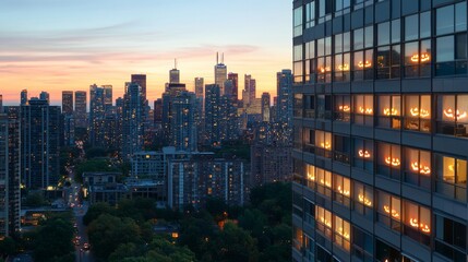 A modern skyscraper with each window displaying glowing pumpkins for Halloween