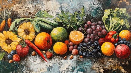 Wall Mural - Oil painting depicting fresh fruits vegetables and seeds on a textured surface representing a healthy and nutrient rich diet