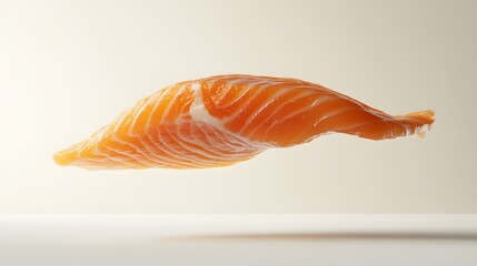 Wall Mural - 49. **A 3D render of a falling smoked salmon slice, its rich color and texture highlighted against a clean white backdrop