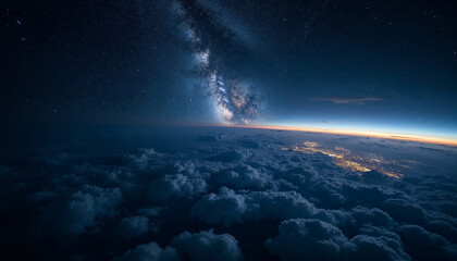 Wall Mural - stunning view of milky way over earth's night glow, highlighting clouds and city lights from space.