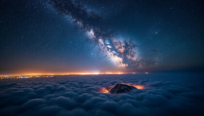 Wall Mural - stunning view of milky way over earth's night glow, highlighting clouds and city lights from space.