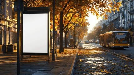 A bus stop with an empty advertising billboard in an urban setting with fallen leaves on the ground and a bus passing by in the background. Generative AI