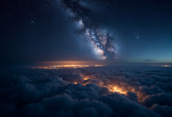 Wall Mural - stunning view of milky way over earth's night glow, highlighting clouds and city lights from space.