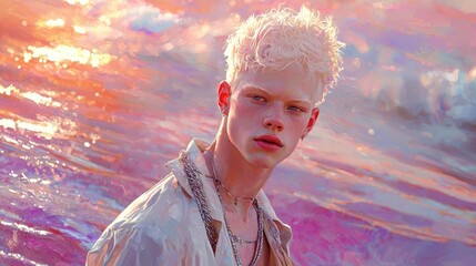 Ethereal young man with albinism and layered necklaces in front of abstract colorful background