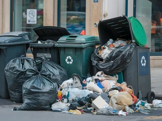a photo of a street with several garbage bins and black plastic trash bags overflowing with waste.
