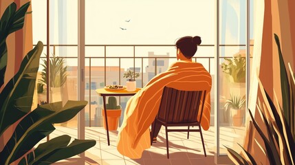 Sticker - A woman wrapped in a blanket enjoys a snack while relaxing on a sunlit balcony filled with plants in the early evening