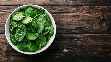 Wall Mural - A white bowl filled with fresh spinach leaves placed on a rustic wooden table. The vibrant green spinach contrasts with the dark wooden background, creating a natural and healthy vibe.