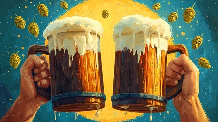 two hands raising frosty beer mugs against a vibrant background.