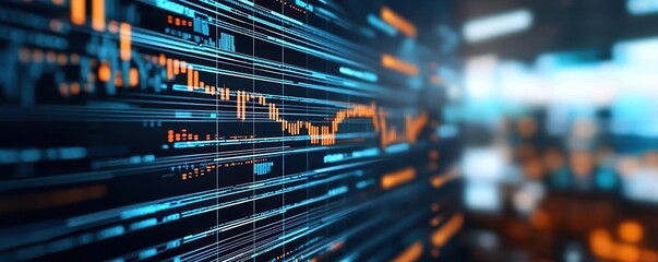 Robot program trading, market fluctuations and risk analysis, glowing data streams, high-tech finance hub