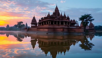 Wall Mural - Majestic temple at sunrise reflecting beautifully in calm waters, highlighting stunning architecture amidst a serene landscape.