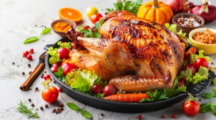 Thanksgiving feast showcasing roasted turkey with a variety of dishes on a white background