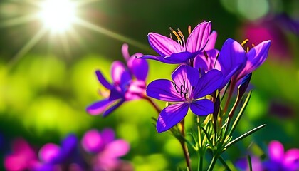 Wall Mural - Under the sunshine, bright purple flowers bloom, contrasting with green plants in the background, presenting a natural harmonious beauty.