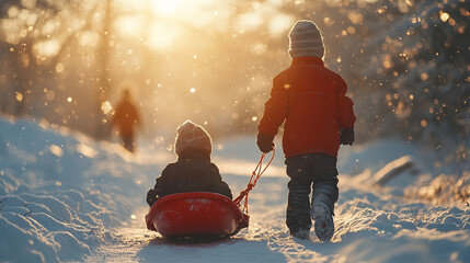 Two children on a red sled in snowy landscape, suitable for winter and outdoor activity concepts in advertising and design. Generative AI