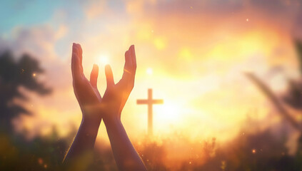 Hands Raised in Prayer with Blurred Cross and Sunset, Christian Faith and Hope, Easter Concept