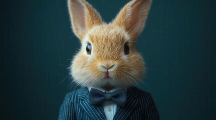 whimsical portrait of dapper rabbit in pinstripe suit and bowtie anthropomorphic charm with realistic fur textures