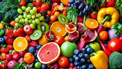 Canvas Print - A pile of richly colored fresh fruits and vegetables showcase the natural bright colors and diversity, creating a healthy and beautiful eating atmosphere.