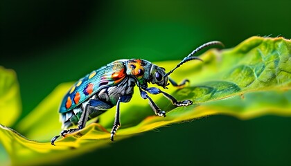 Wall Mural - Vibrant close-up of a colorful beetle perched on a leaf against a lush green backdrop, showcasing intricate details and textures.