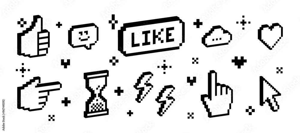 3D pixel art black elements set. Y2k trendy collage stickers. Thumbs up ...