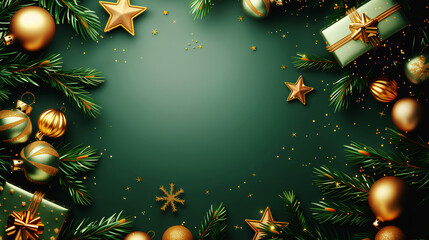 Wall Mural - Christmas background in green and gold colors with copy space and New Year decorations