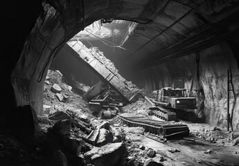 A partially collapsed underground mine shaft with heavy excavation equipment