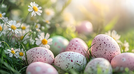 Wall Mural - High-Detail Easter Background with Pastel Eggs and Spring Flowers