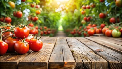 Empty wooden table with ripe red tomatoes, perfect for outdoor dining or harvest themes, outdoors, table, empty, rough, background