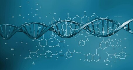 Wall Mural - Animation of scientific data processing over dna strand spinning