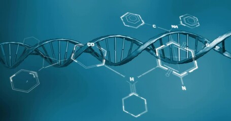 Wall Mural - Animation of scientific data processing over dna strand spinning