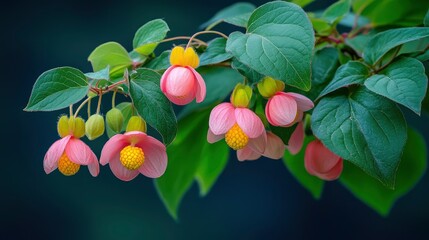 Canvas Print - Pink and Yellow Flowers Blooming on a Green Branch